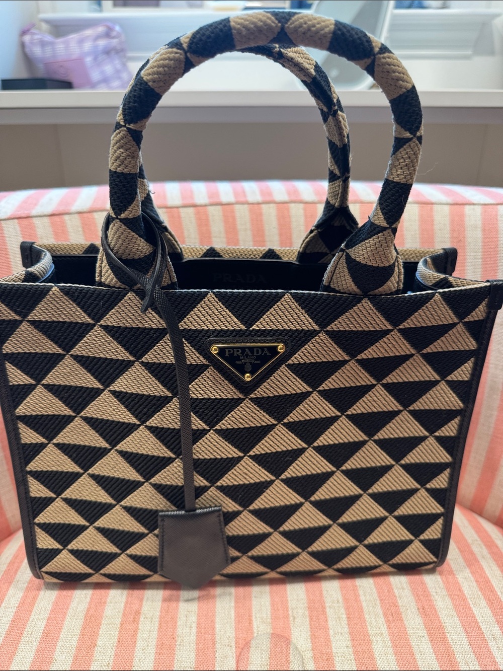 Prada Black and Tan Geometric Canvas Tote
